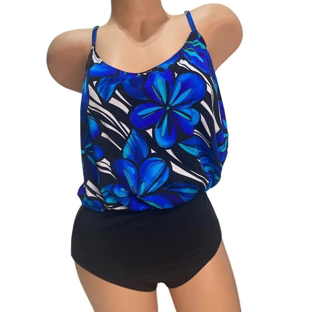 Vtg Inches Away Slimming Swimsuit Size‎ 8 one Piece Blouson 96063 Blue flower